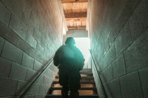 Uniformed Military Personnel Leaving the Building